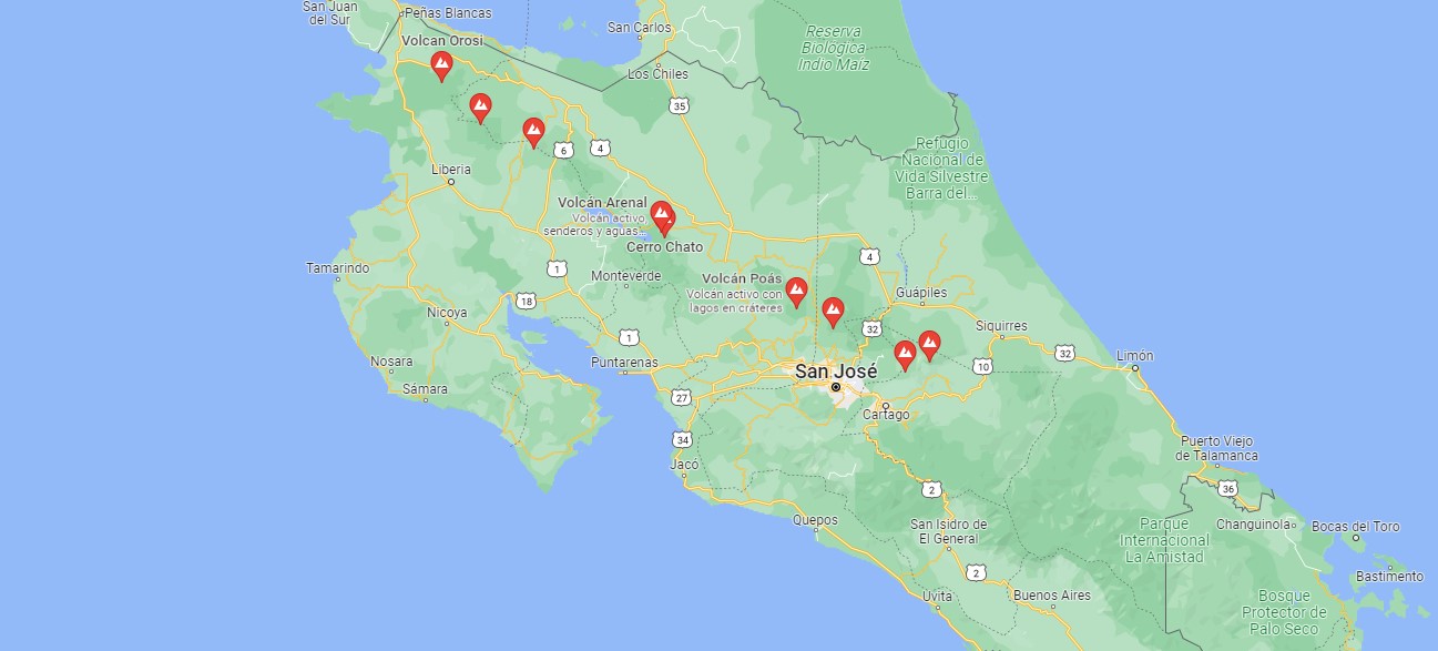 volcanes en costa rica mapa